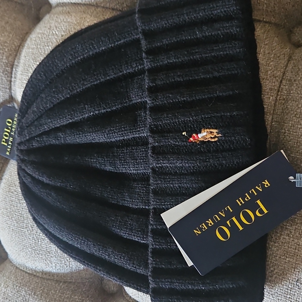 NEW! RALPH LAUREN POLO Pony Wool Blend Ribbed Black Beanie Hat. - Picture 3 of 4